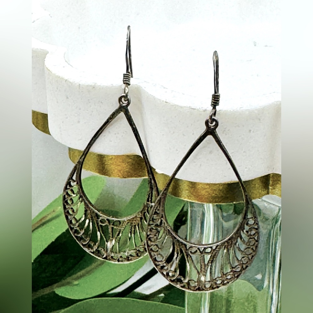 Vintage Filagree Drop Earrings-Sterling Silver